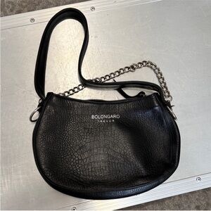 Bolongaro Trevor Black Croc-Texture Shoulder Bag with Chain Strap